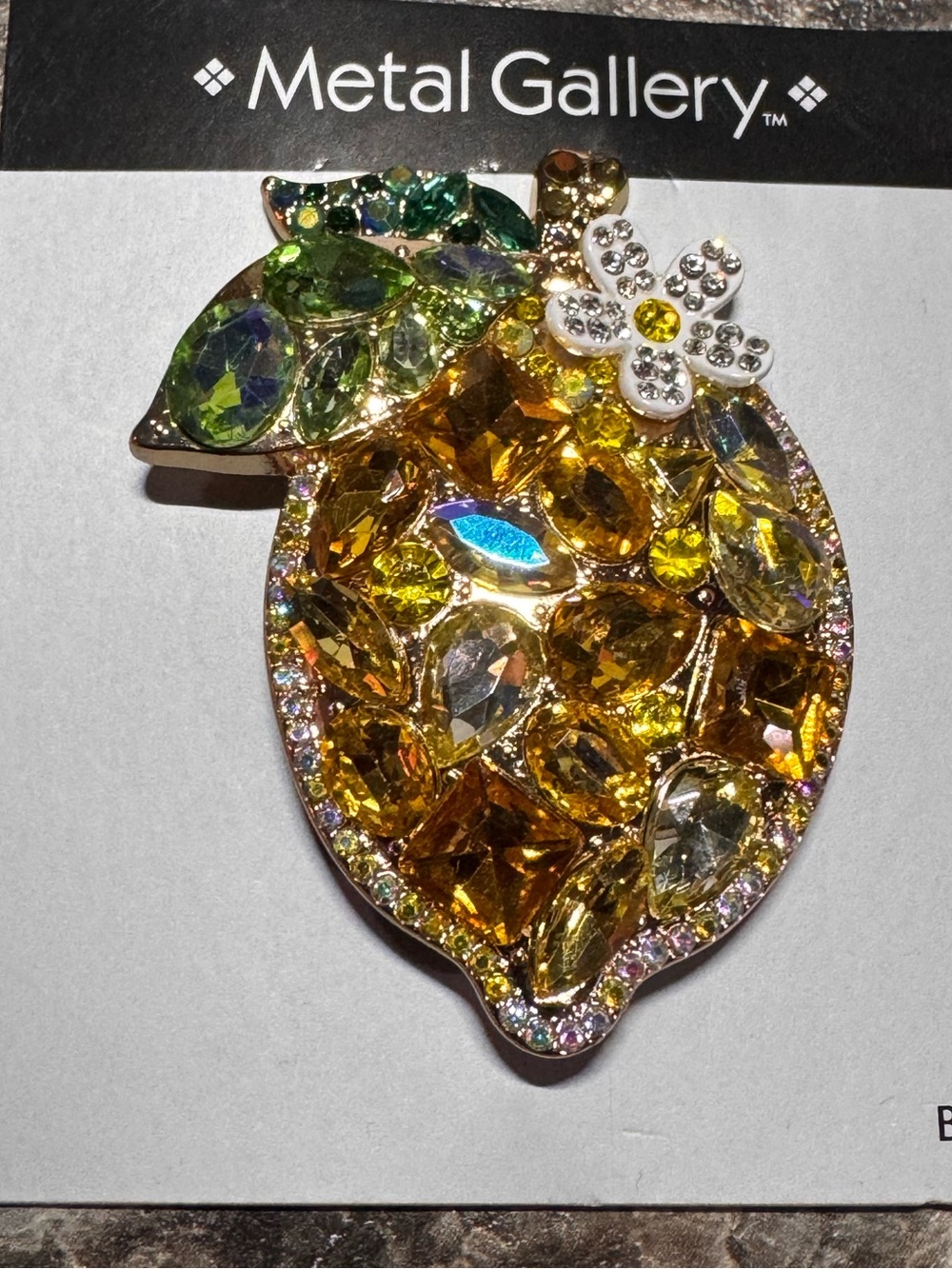 Metal Gallery Gold and Green Rhinestones Lemon-Shaped Brooch Pin New